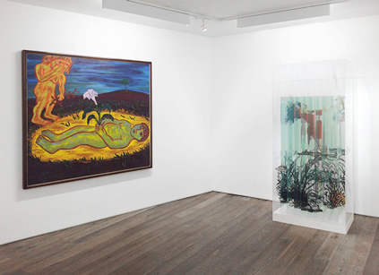 Installation view of Eileen Cooper, Play Dead, 1991, oil on canvas, 152 x 168 cm, and Jack Milroy, The Lady of the Lake, cut and constructed print on acetate film