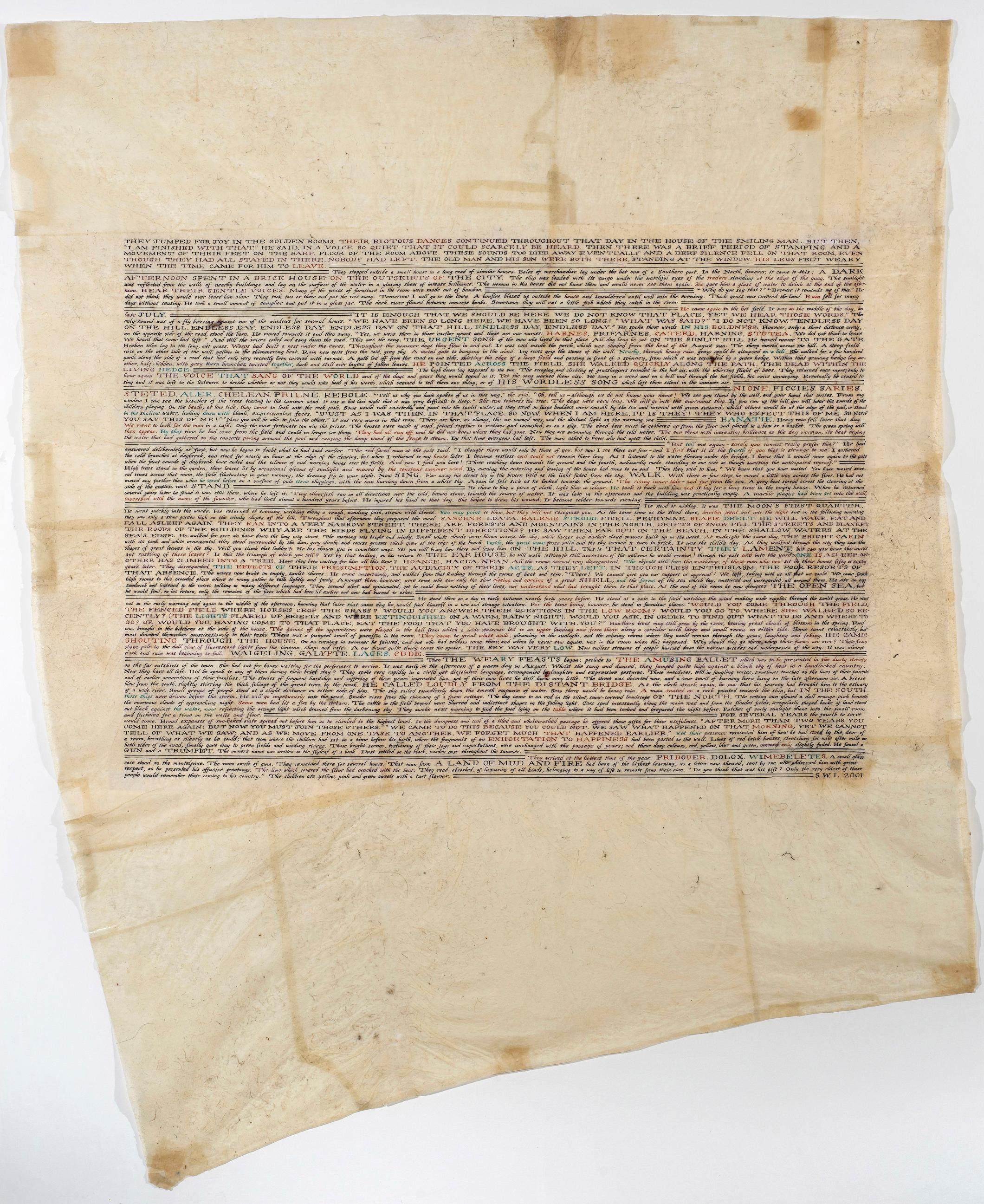 Simon Lewty<br />
The Voice that Sang of the World, 2001<br />
Acrylic inks on tinted tissue on paper<br />
185.5 x 167 cm